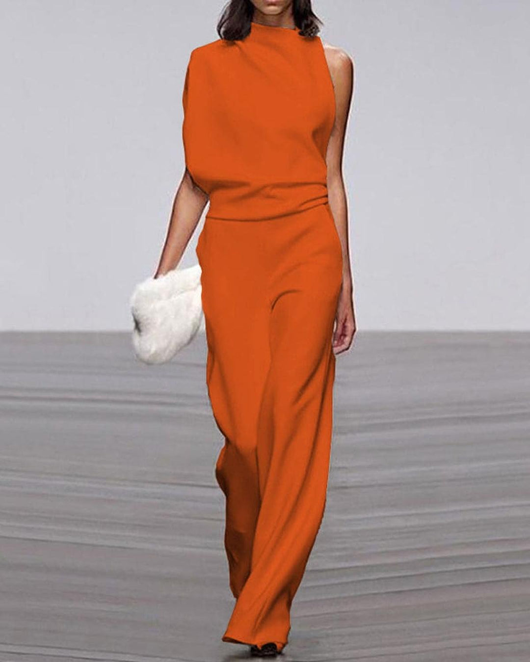 Women's One-Shoulder Wide-Leg Jumpsuit Set in Orange