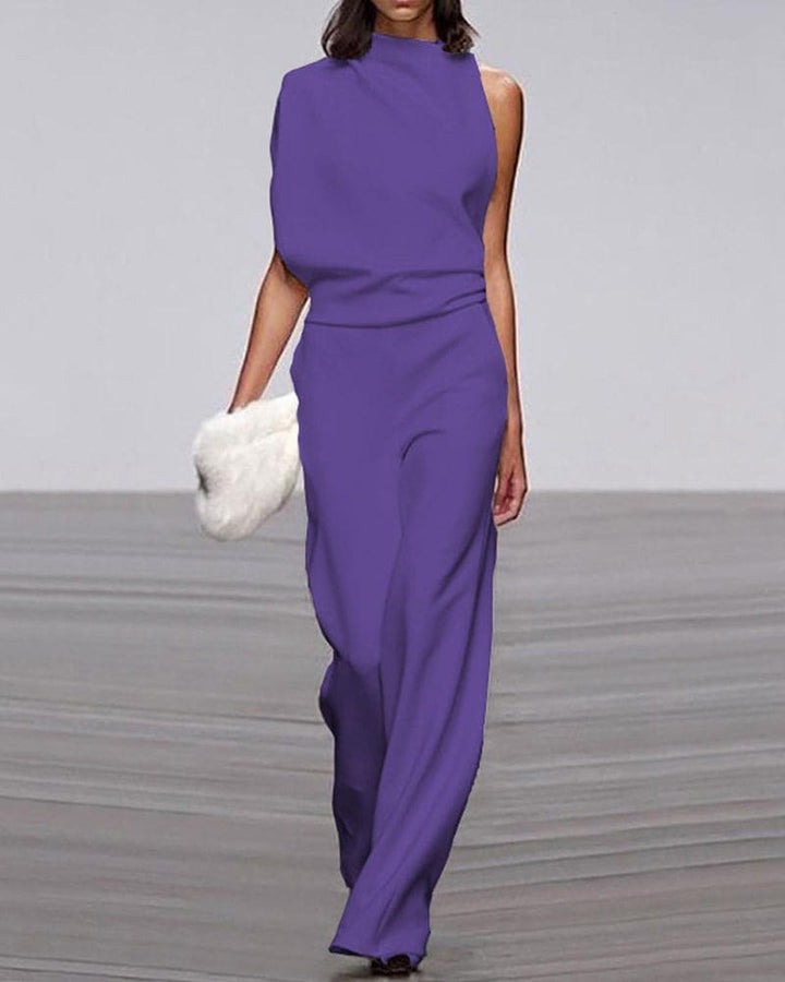 Women's One-Shoulder Wide-Leg Jumpsuit Set in Purple
