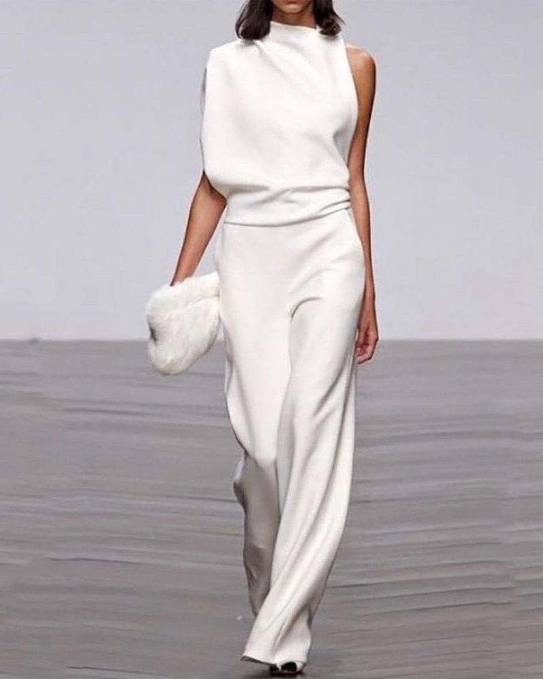 Women's One-Shoulder Wide-Leg Jumpsuit Set in White