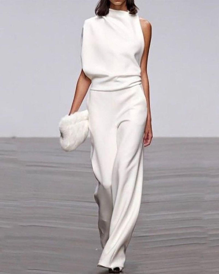 Women's One-Shoulder Wide-Leg Jumpsuit Set in White
