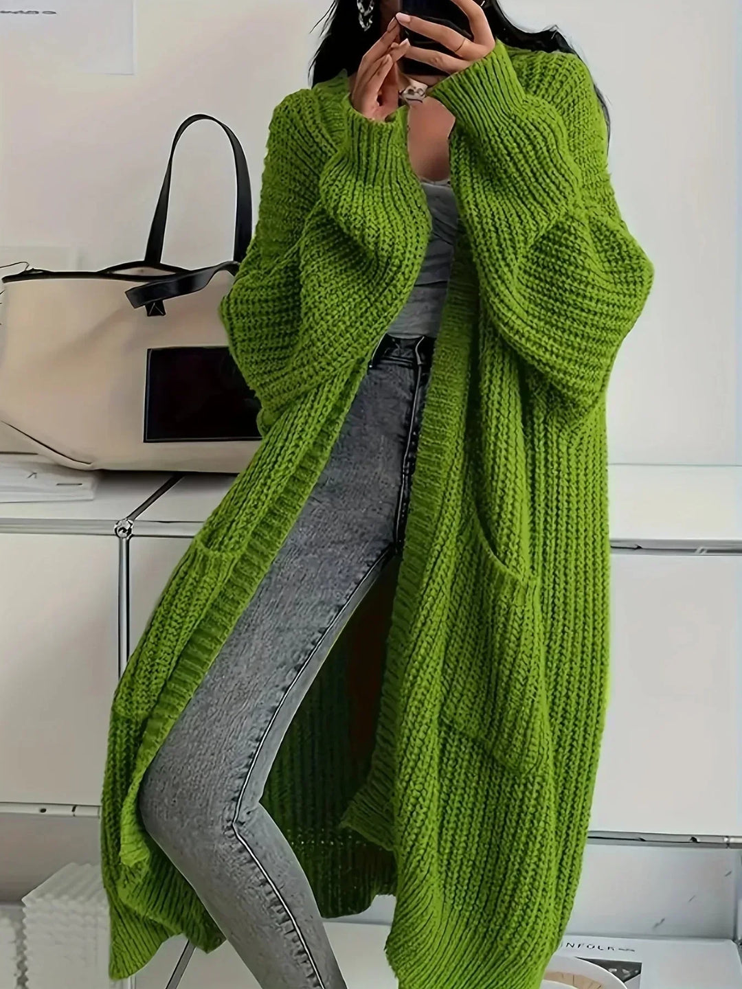 Women's Oversized Long Knit Cardigan in Olive