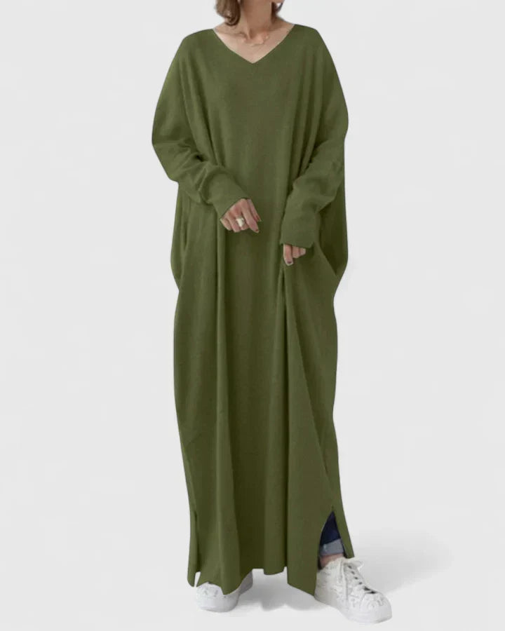 Women's Oversized Maxi Knit Wedding Guest Dress in Dark Green