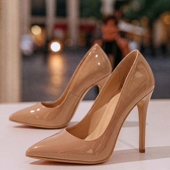 Women's Patent Leather Sleek Pointed-Toe Pumps in Beige