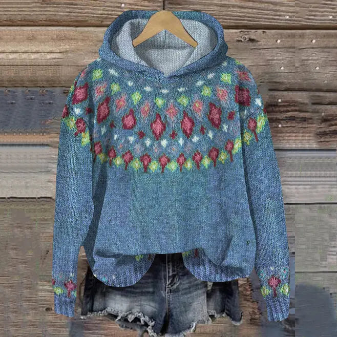Women's Patterned Long Sleeve Hoodie for Fall in Blue