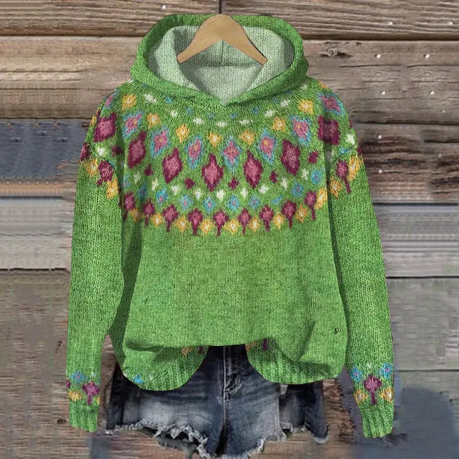 Women's Patterned Long Sleeve Hoodie for Fall in Green