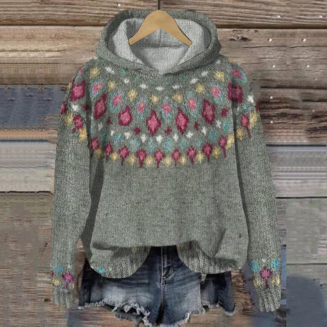 Women's Patterned Long Sleeve Hoodie for Fall in Grey