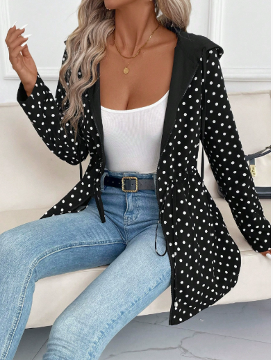 Women's Patterned Reversible Polyester Fall Coat in Black with Polka Dots