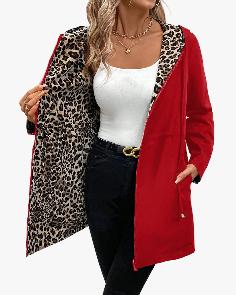 Women's Patterned Reversible Polyester Fall Coat in Red