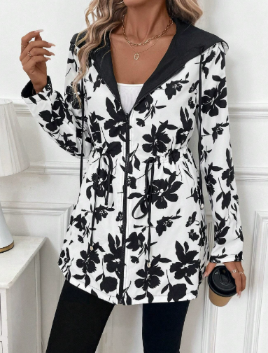 Women's Patterned Reversible Polyester Fall Coat in White with Floral