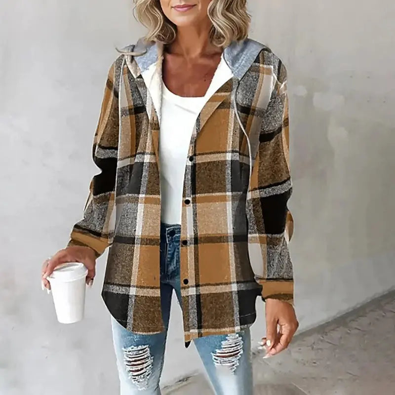 Women's Plaid Fall Jacket with Hood in Brown