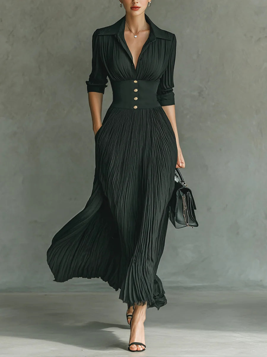 Women's Pleated Midi Fall Dress for Weddings in Black