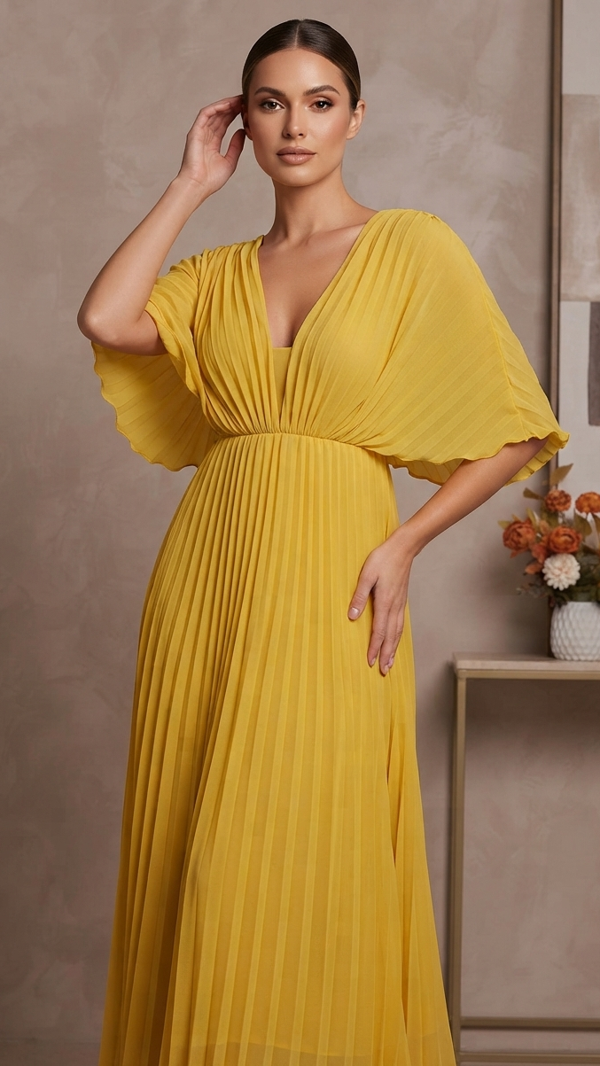 Women's Pleated V-Neck Fall Wedding Guest Dress (2)