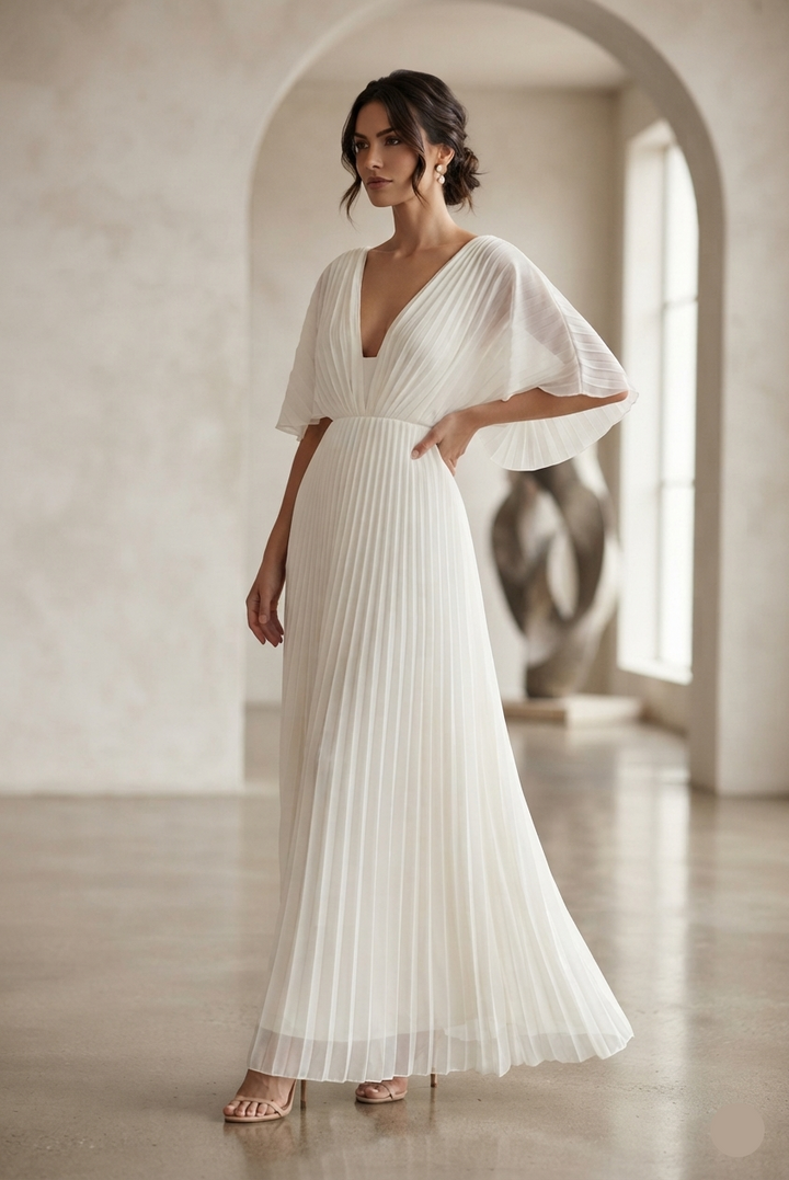 Women's Pleated V-Neck Fall Wedding Guest Dress (3)