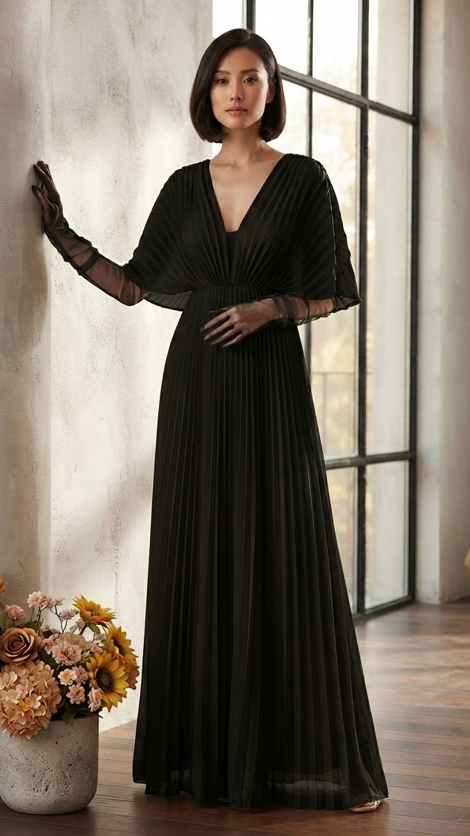 Women's Pleated V-Neck Fall Wedding Guest Dress in Black