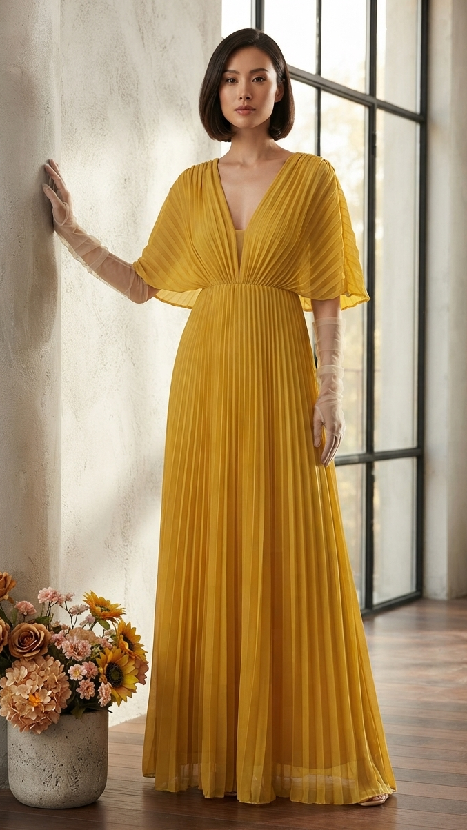 Women's Pleated V-Neck Fall Wedding Guest Dress in Yellow