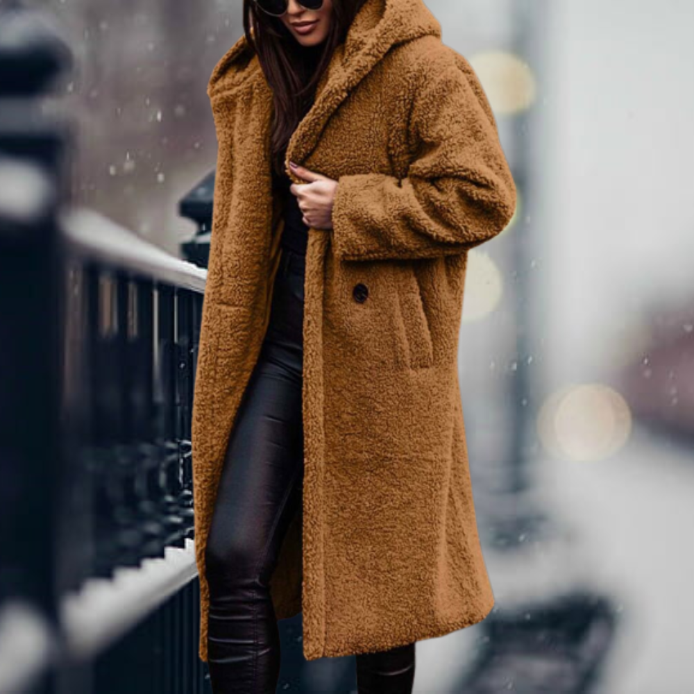 Women's Plush Faux Fur Jacket for Fall in Goldenes Kamel