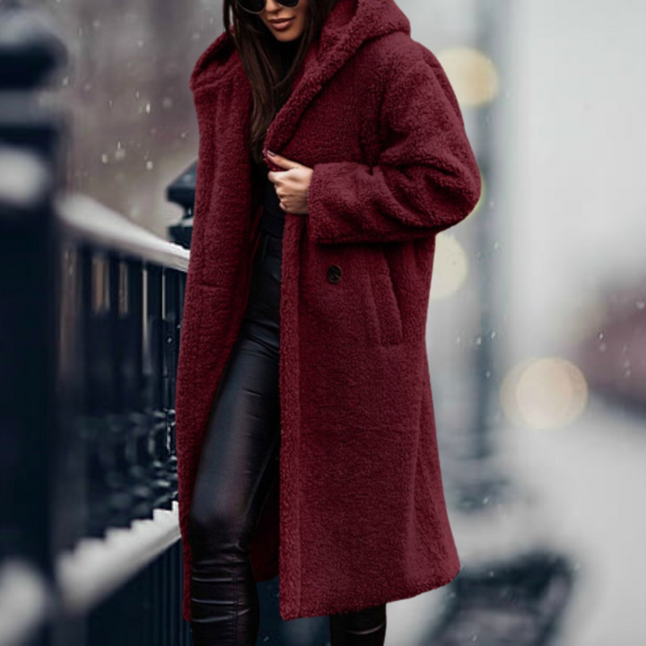 Women's Plush Faux Fur Jacket for Fall in Rotwein