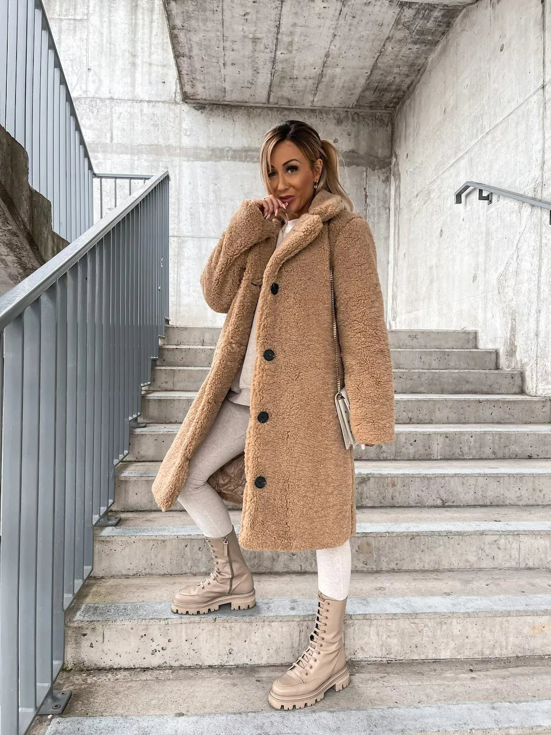 Women's Plush Knee-Length Trench Coat in Beige