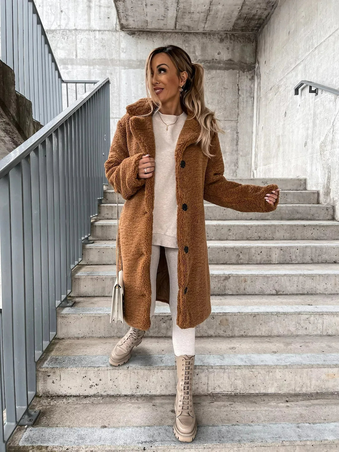 Women's Plush Knee-Length Trench Coat in Brown