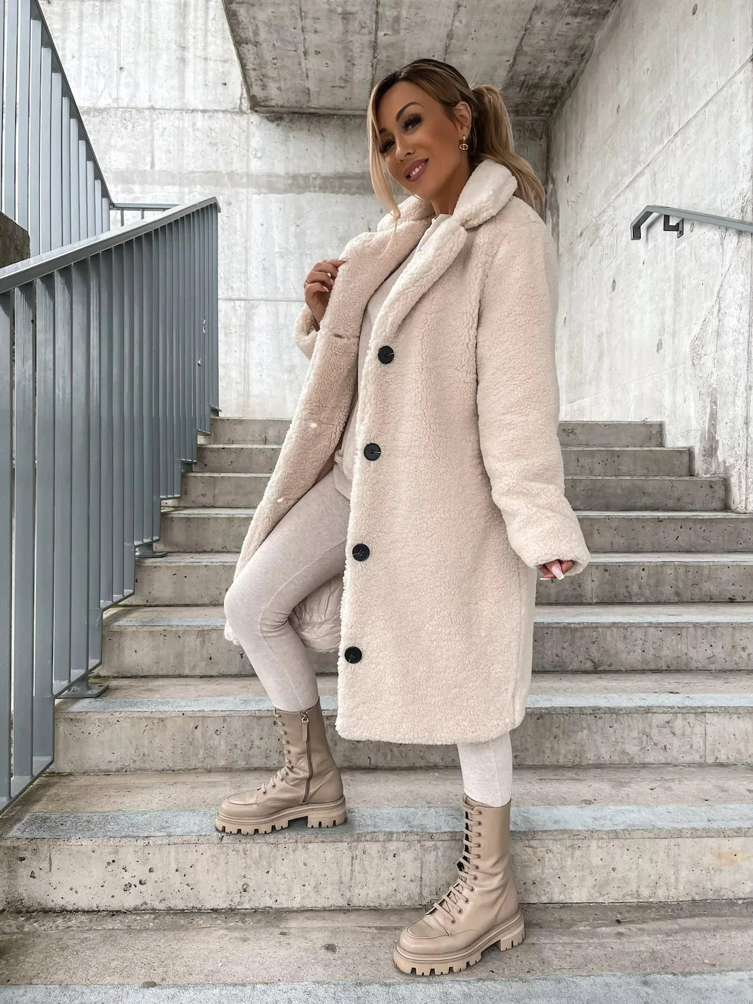 Women's Plush Knee-Length Trench Coat in Cream