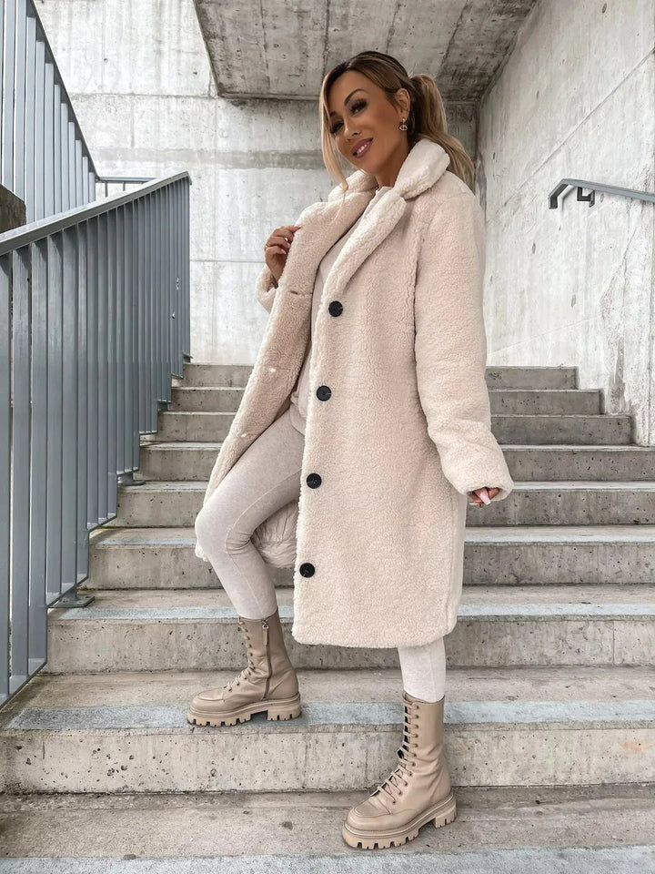 Women's Plush Knee-Length Trench Coat in Cream