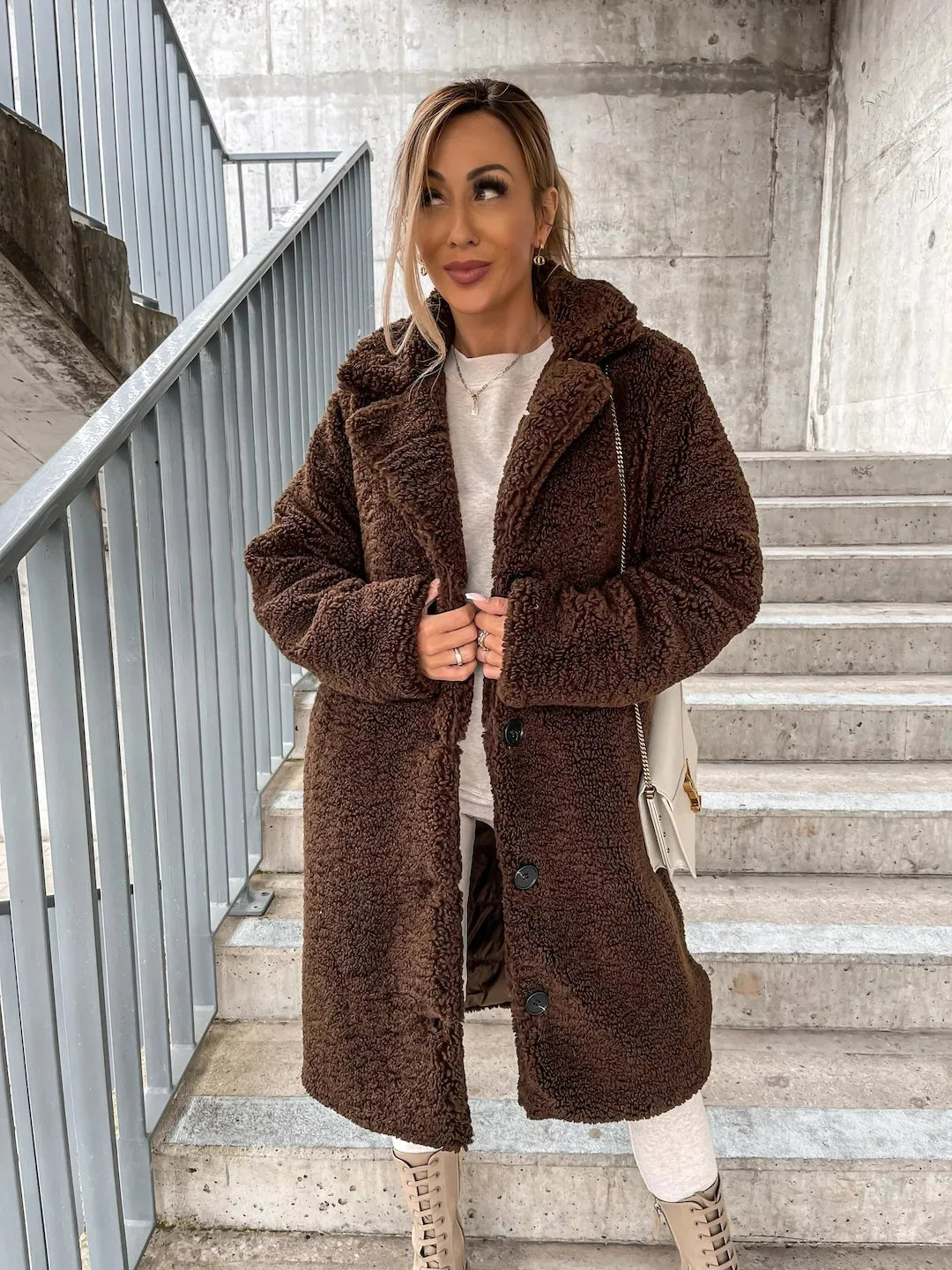 Women's Plush Knee-Length Trench Coat in Light Brown