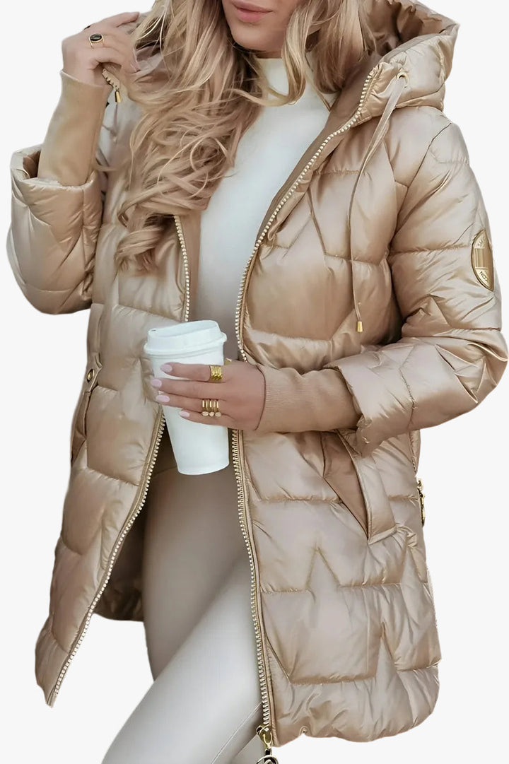 Women's Puffer Jacket with Hood for Fall in Beige