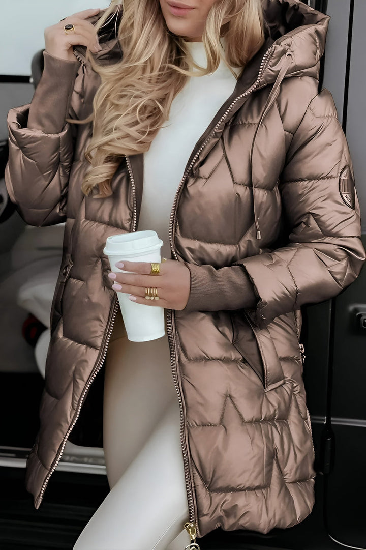 Women's Puffer Jacket with Hood for Fall in Brown