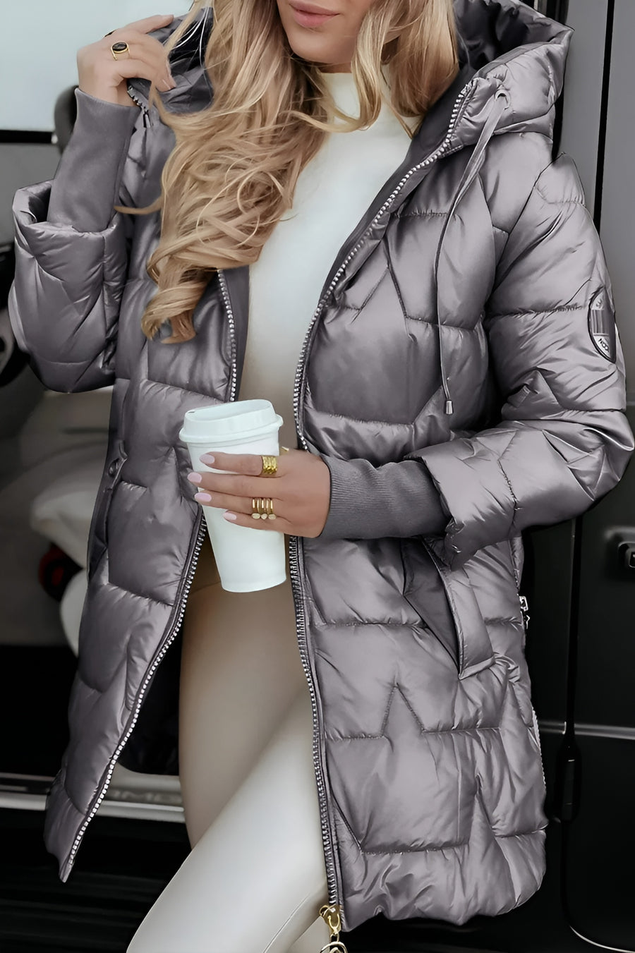 Women's Puffer Jacket with Hood for Fall in Grey
