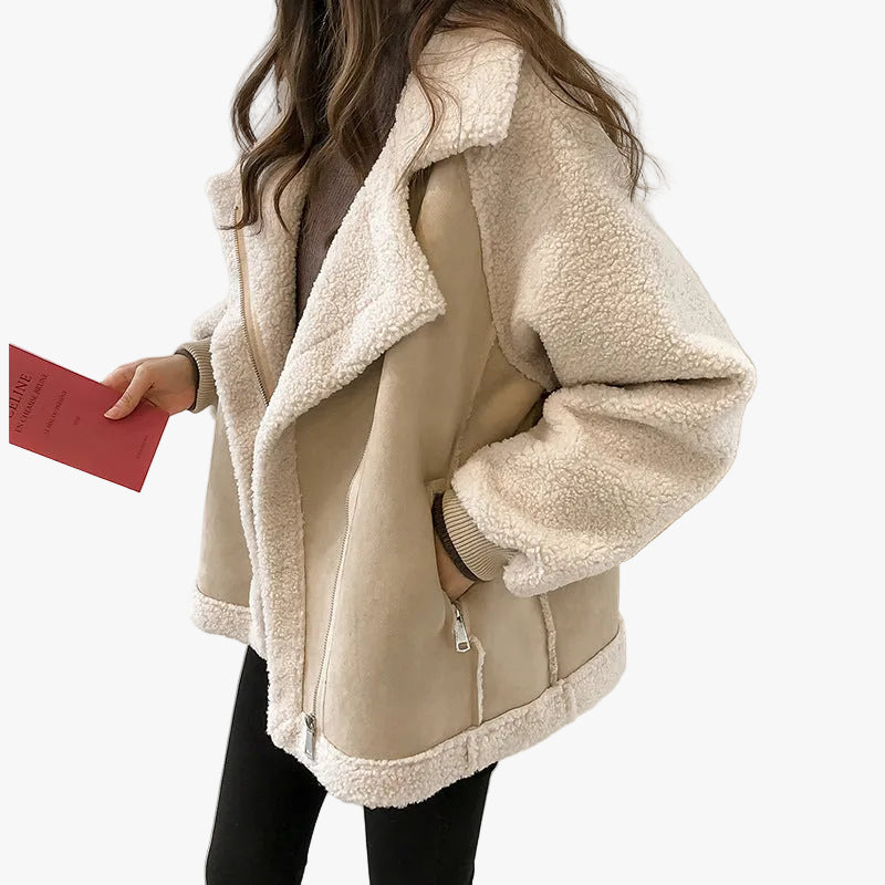 Women's Puffer Jacket with Shearling Pile Collar in Beige