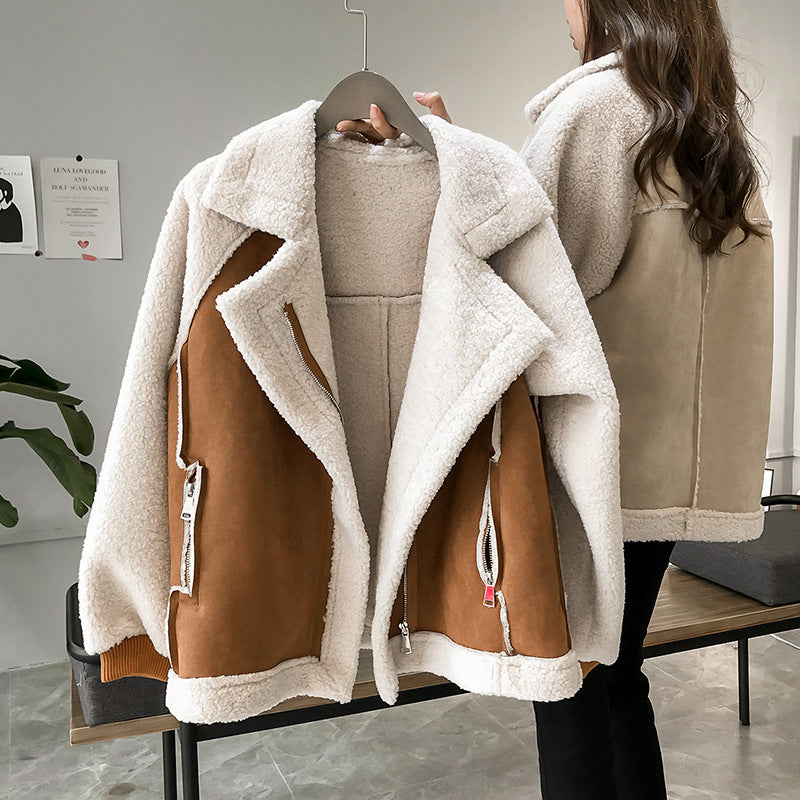 Women's Puffer Jacket with Shearling Pile Collar in Brown