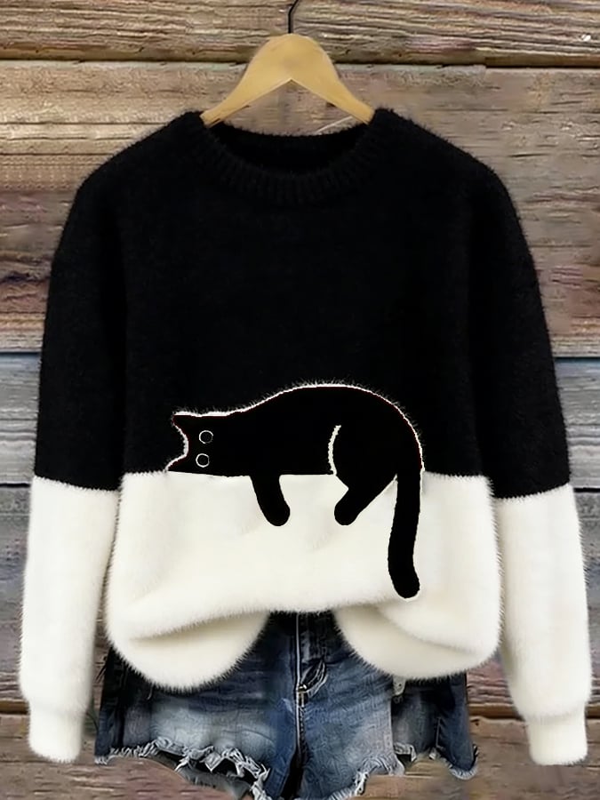 Women's Red Casual Sweater with Cat Print in Black