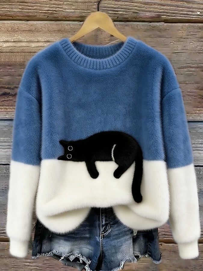 Women's Red Casual Sweater with Cat Print in Blue