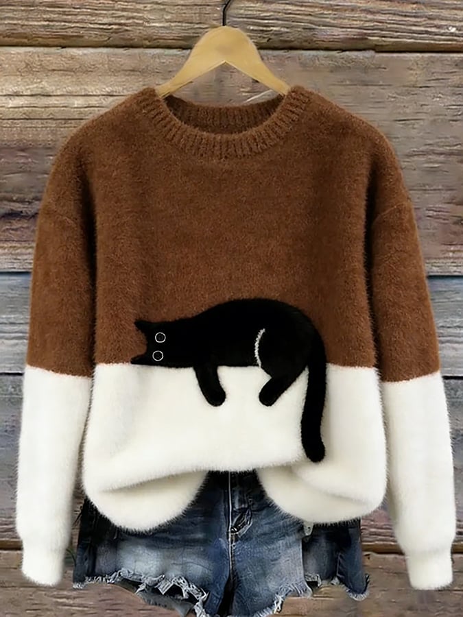 Women's Red Casual Sweater with Cat Print in Brown