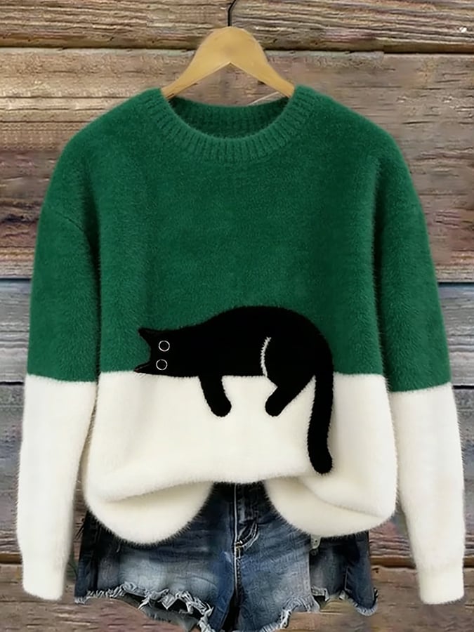 Women's Red Casual Sweater with Cat Print in Green