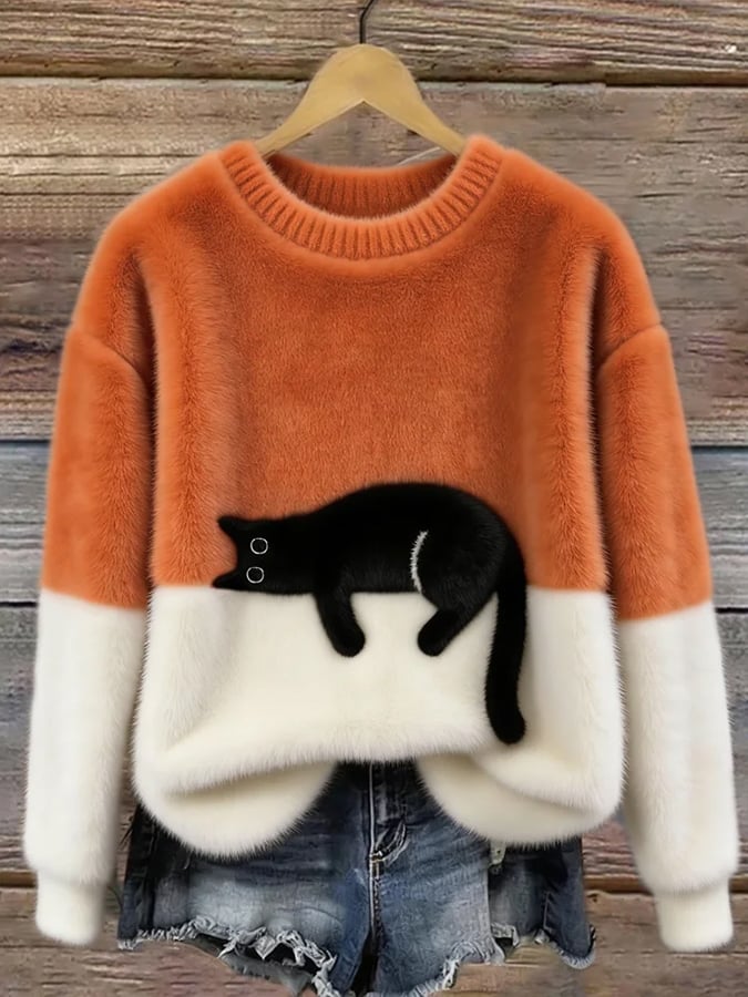 Women's Red Casual Sweater with Cat Print in Orange