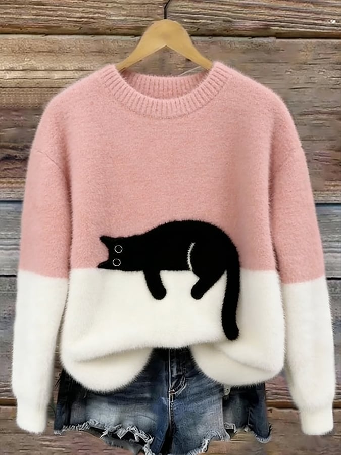 Women's Red Casual Sweater with Cat Print in Pink