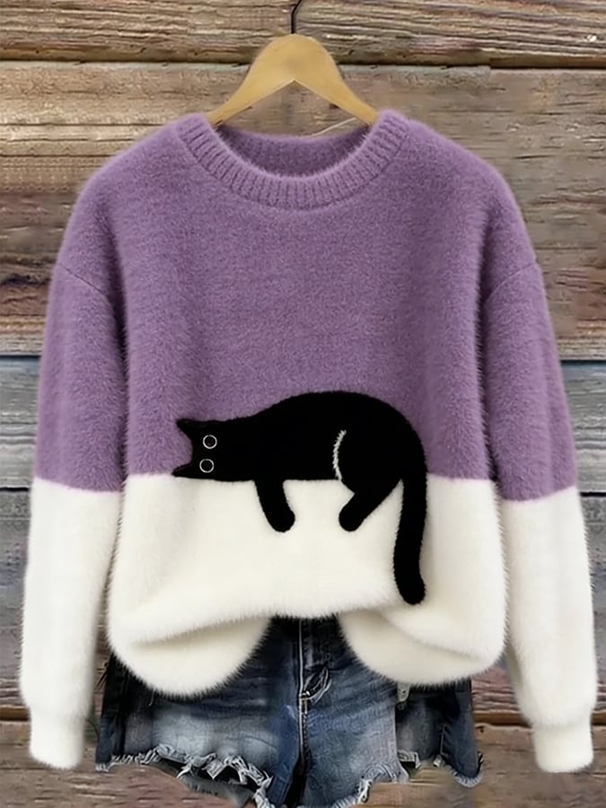 Women's Red Casual Sweater with Cat Print in Purple