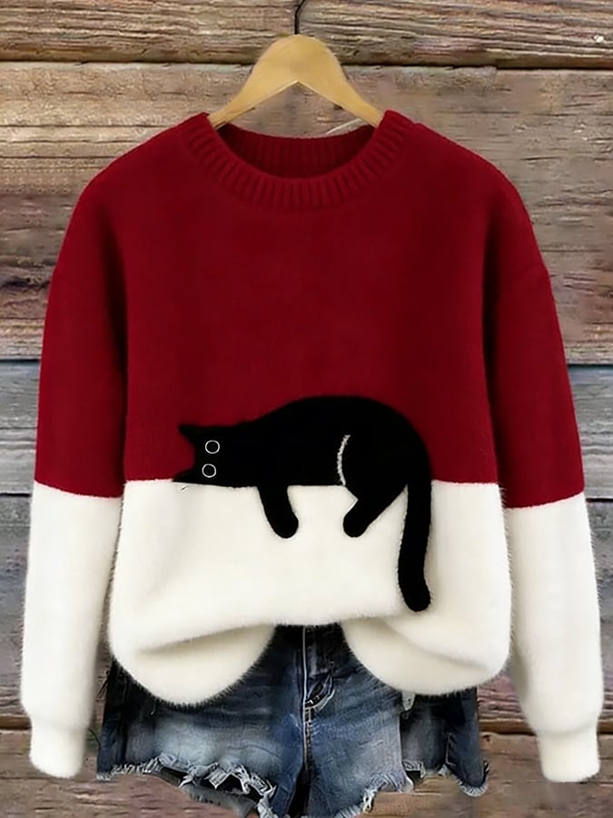 Women's Red Casual Sweater with Cat Print in Red
