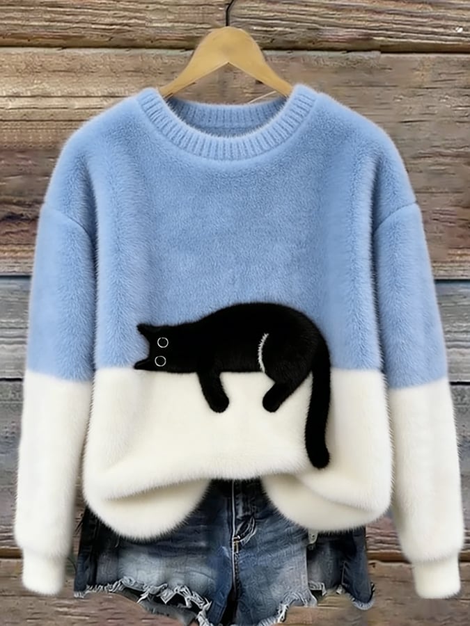 Women's Red Casual Sweater with Cat Print in Sky Blue