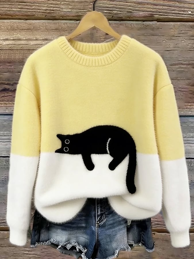 Women's Red Casual Sweater with Cat Print in Yellow