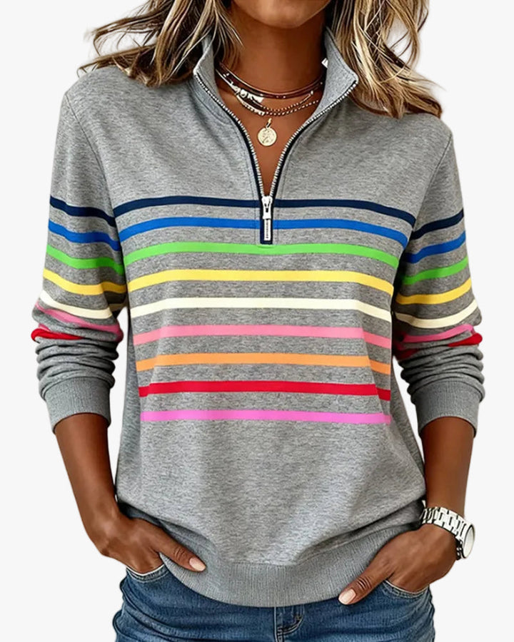 Women's Red Sweater with Striped Knit Detail in Grey