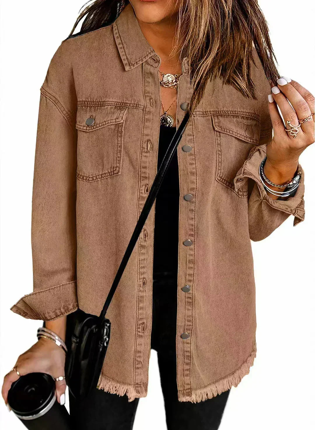 Women's Relaxed Denim Jacket for Fall in Brown
