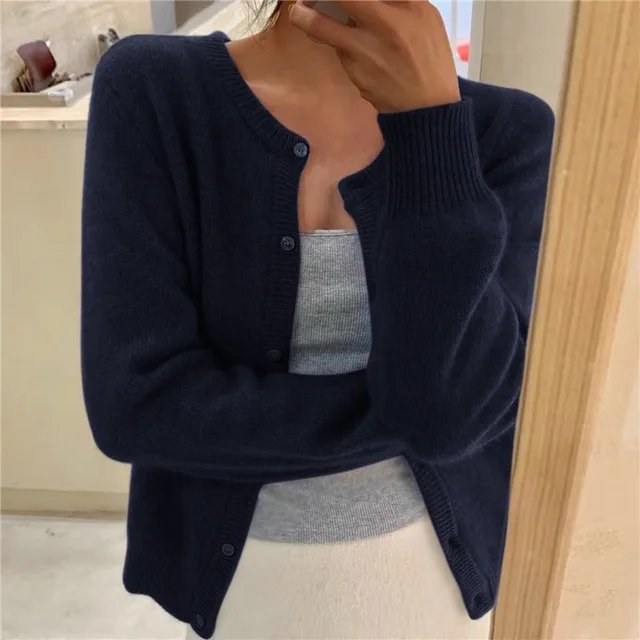 Women's Relaxed Knit Cardigan for Layering in Navy Blue