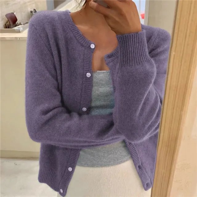 Women's Relaxed Knit Cardigan for Layering in Purple
