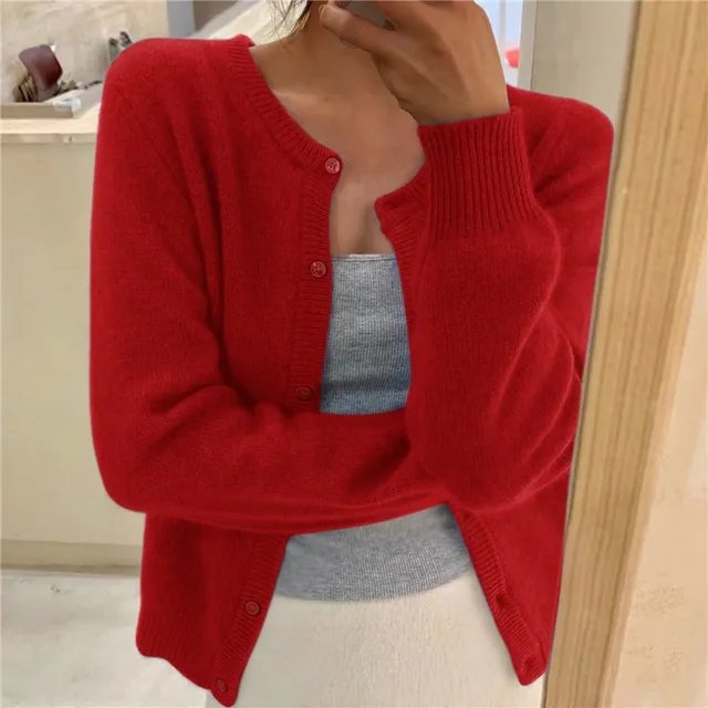 Women's Relaxed Knit Cardigan for Layering in Red
