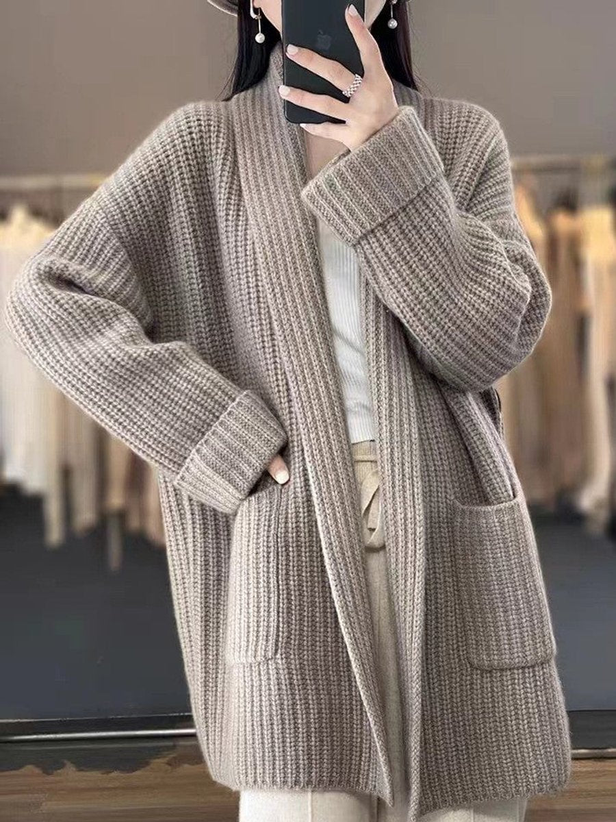 Women's Relaxed Knit Cardigan with Integrated Scarf in Brown
