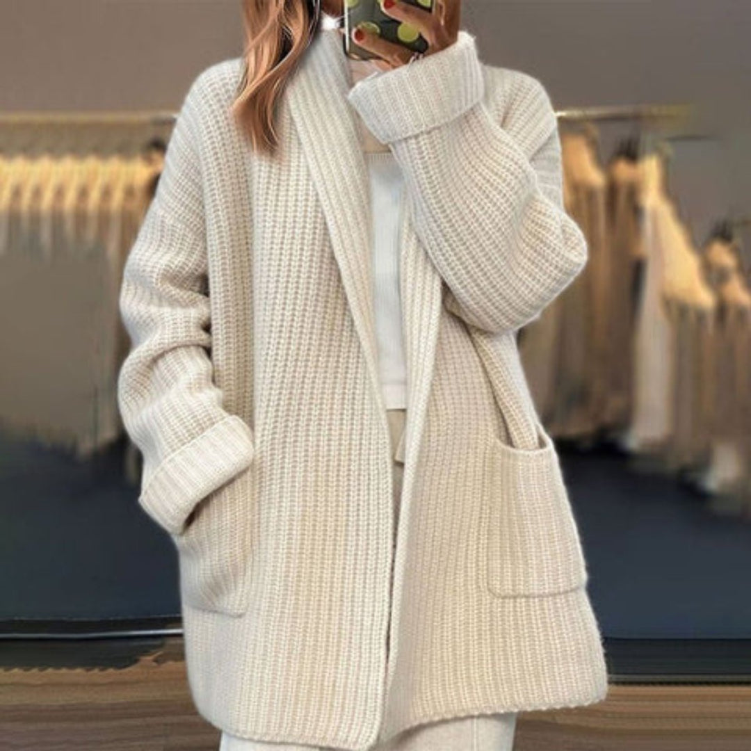 Women's Relaxed Knit Cardigan with Integrated Scarf in Lvory