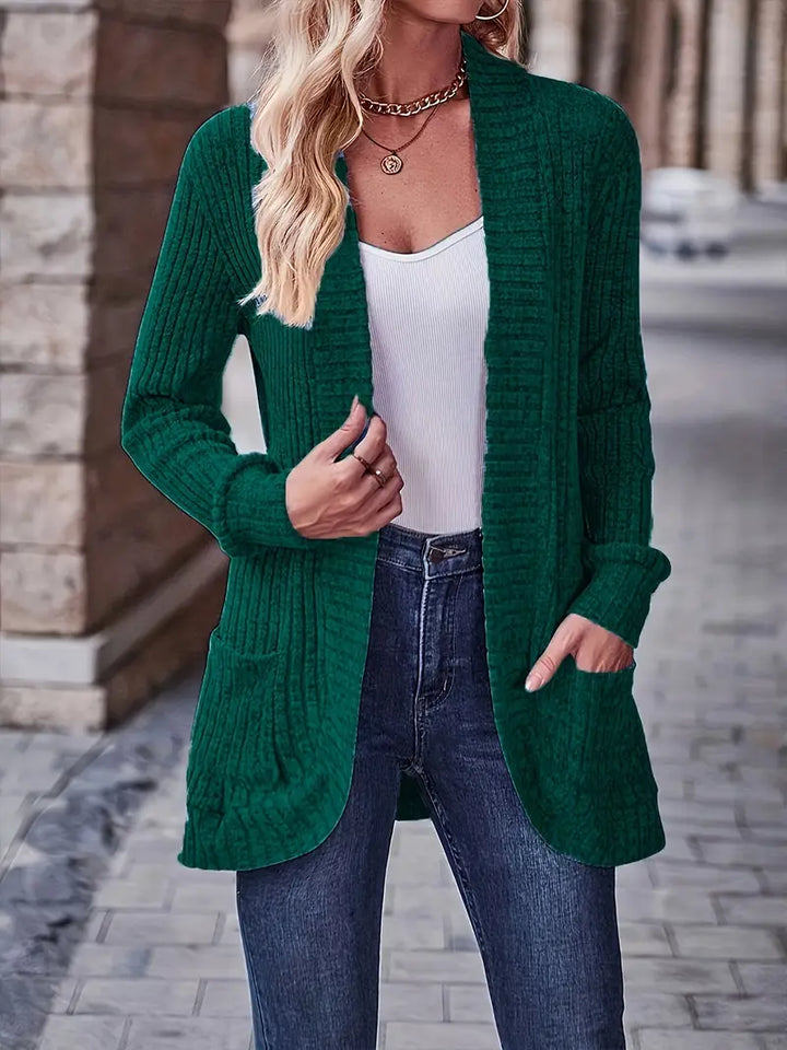 Women's Relaxed Long-Sleeve Knit Cardigan in Dark Green