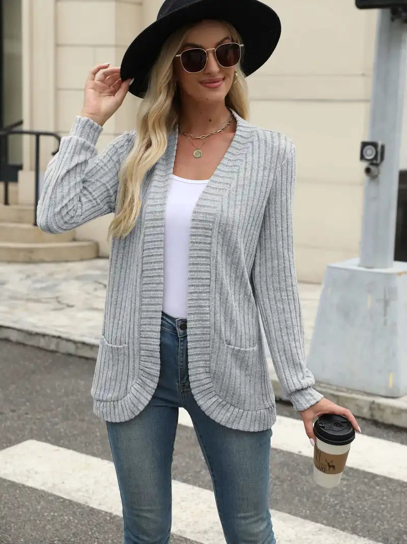 Women's Relaxed Long-Sleeve Knit Cardigan in Grey